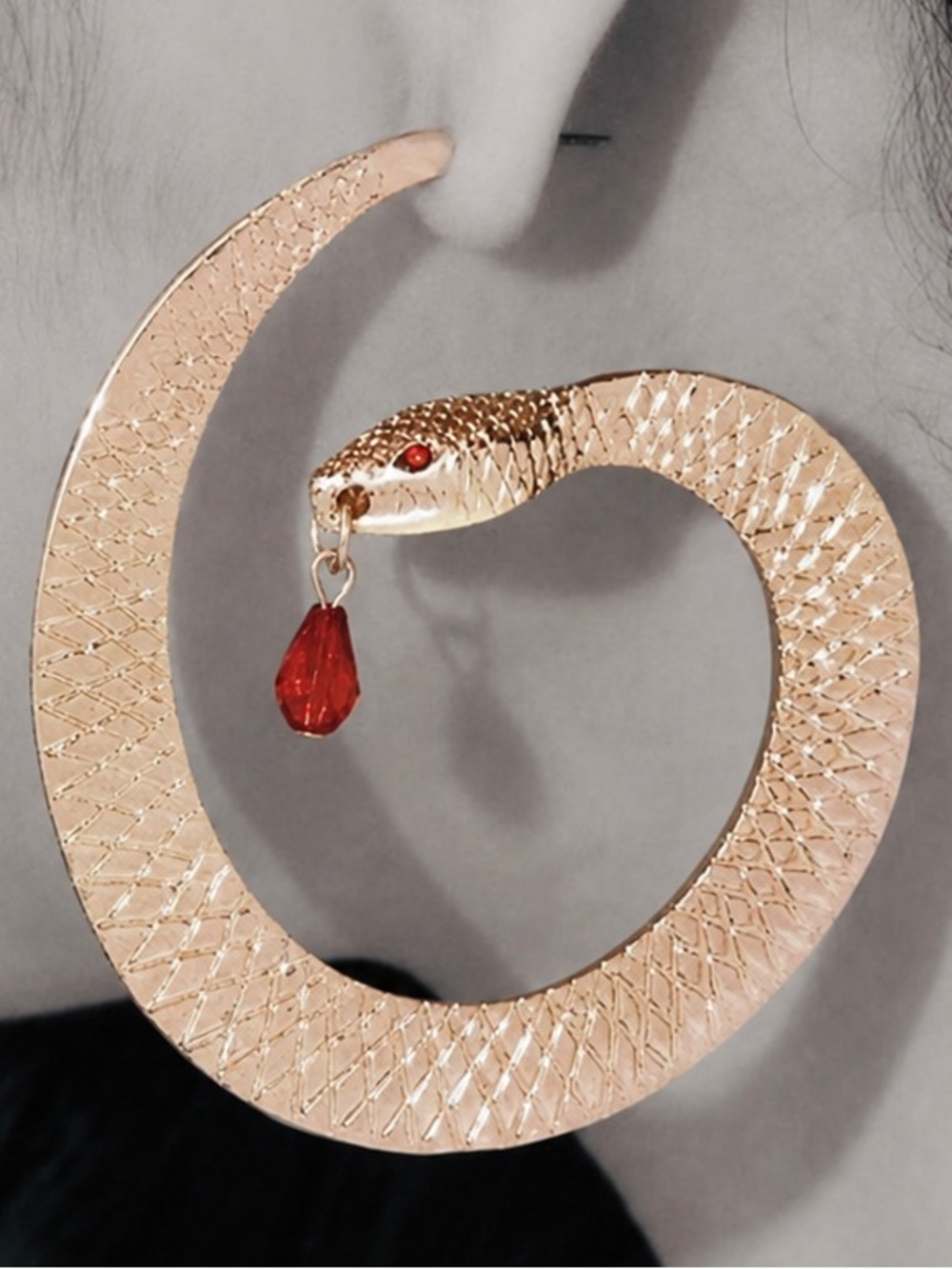 “Snake Goddess” Spiral Curvy Uroboros Red Garnet Blood Drop Vamp Witch Gold Hoop